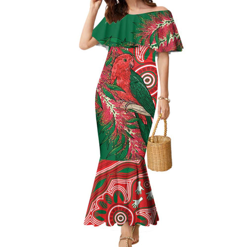 King Parrot Australia Family Matching Mermaid Dress and Hawaiian Shirt Bottlebrushes Aboriginal Art - Aussie Hoodie
