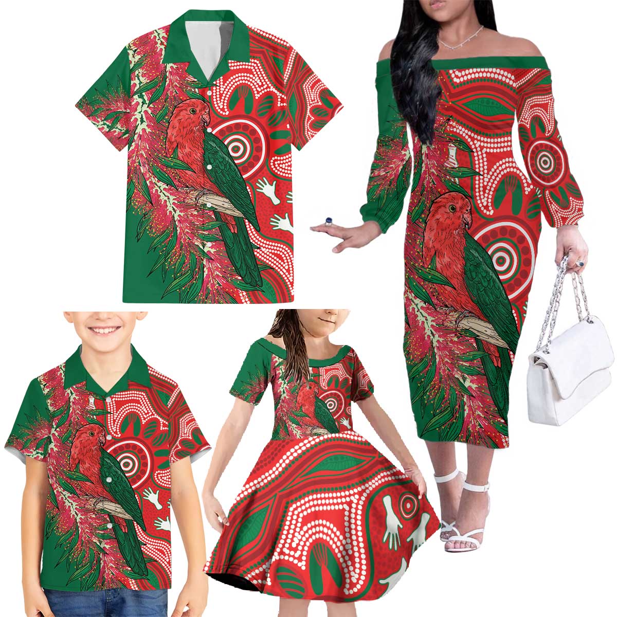 King Parrot Australia Family Matching Off The Shoulder Long Sleeve Dress and Hawaiian Shirt Bottlebrushes Aboriginal Art - Aussie Hoodie
