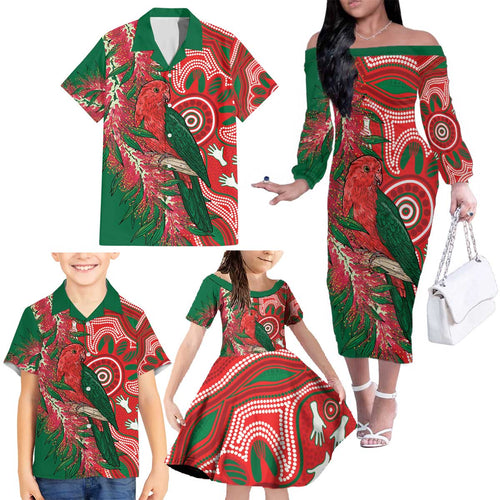 King Parrot Australia Family Matching Off The Shoulder Long Sleeve Dress and Hawaiian Shirt Bottlebrushes Aboriginal Art - Aussie Hoodie
