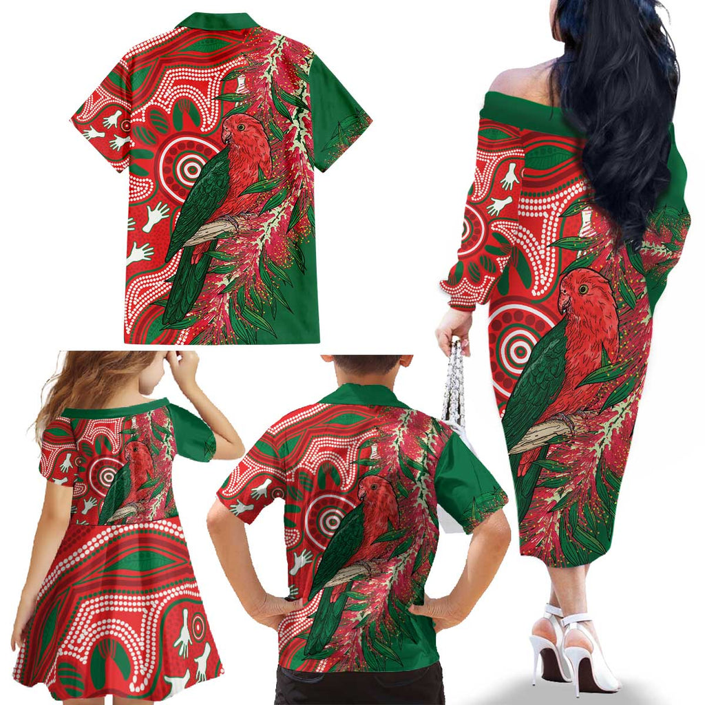 King Parrot Australia Family Matching Off The Shoulder Long Sleeve Dress and Hawaiian Shirt Bottlebrushes Aboriginal Art - Aussie Hoodie