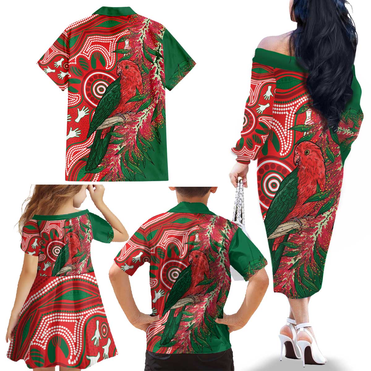 King Parrot Australia Family Matching Off The Shoulder Long Sleeve Dress and Hawaiian Shirt Bottlebrushes Aboriginal Art - Aussie Hoodie