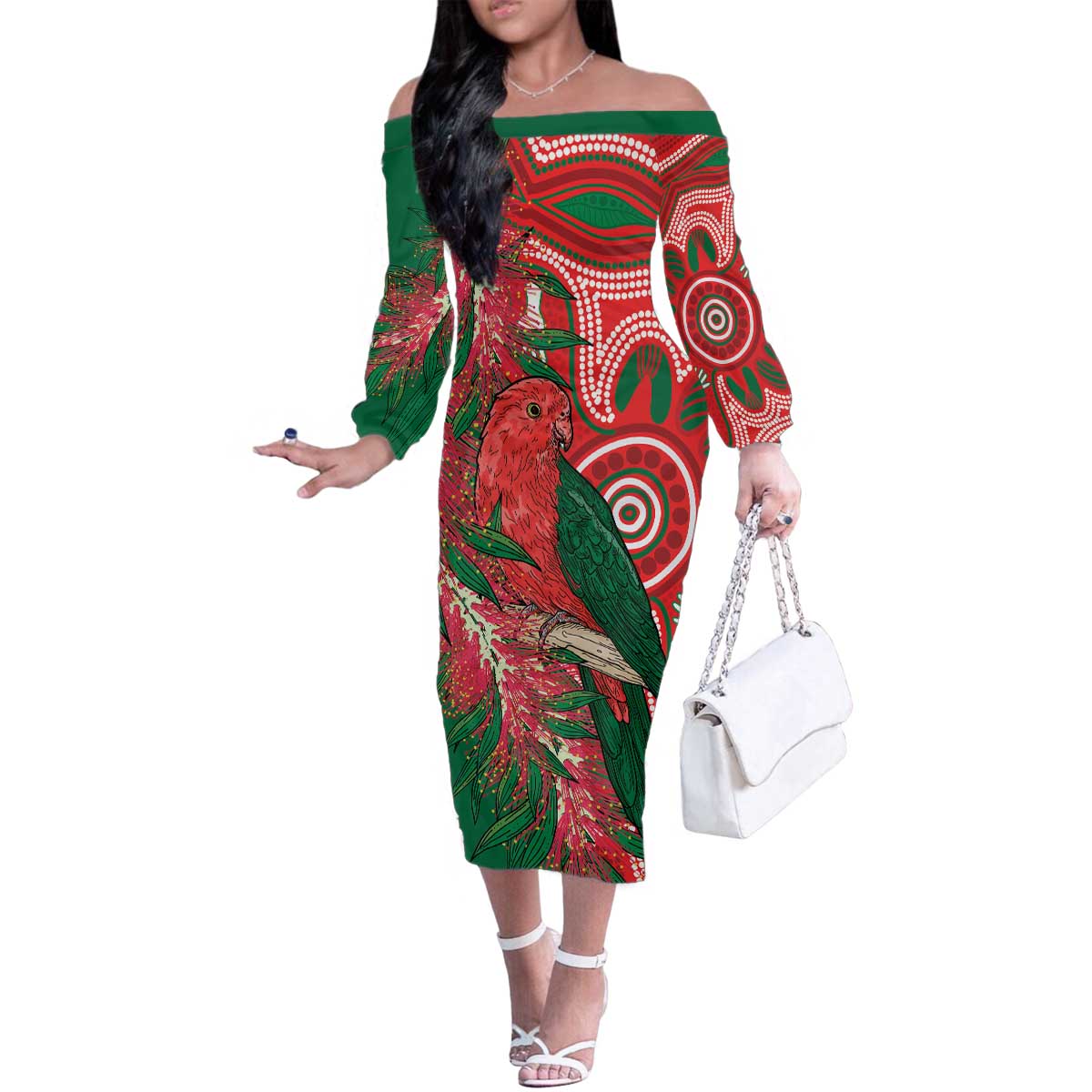 King Parrot Australia Family Matching Off The Shoulder Long Sleeve Dress and Hawaiian Shirt Bottlebrushes Aboriginal Art - Aussie Hoodie