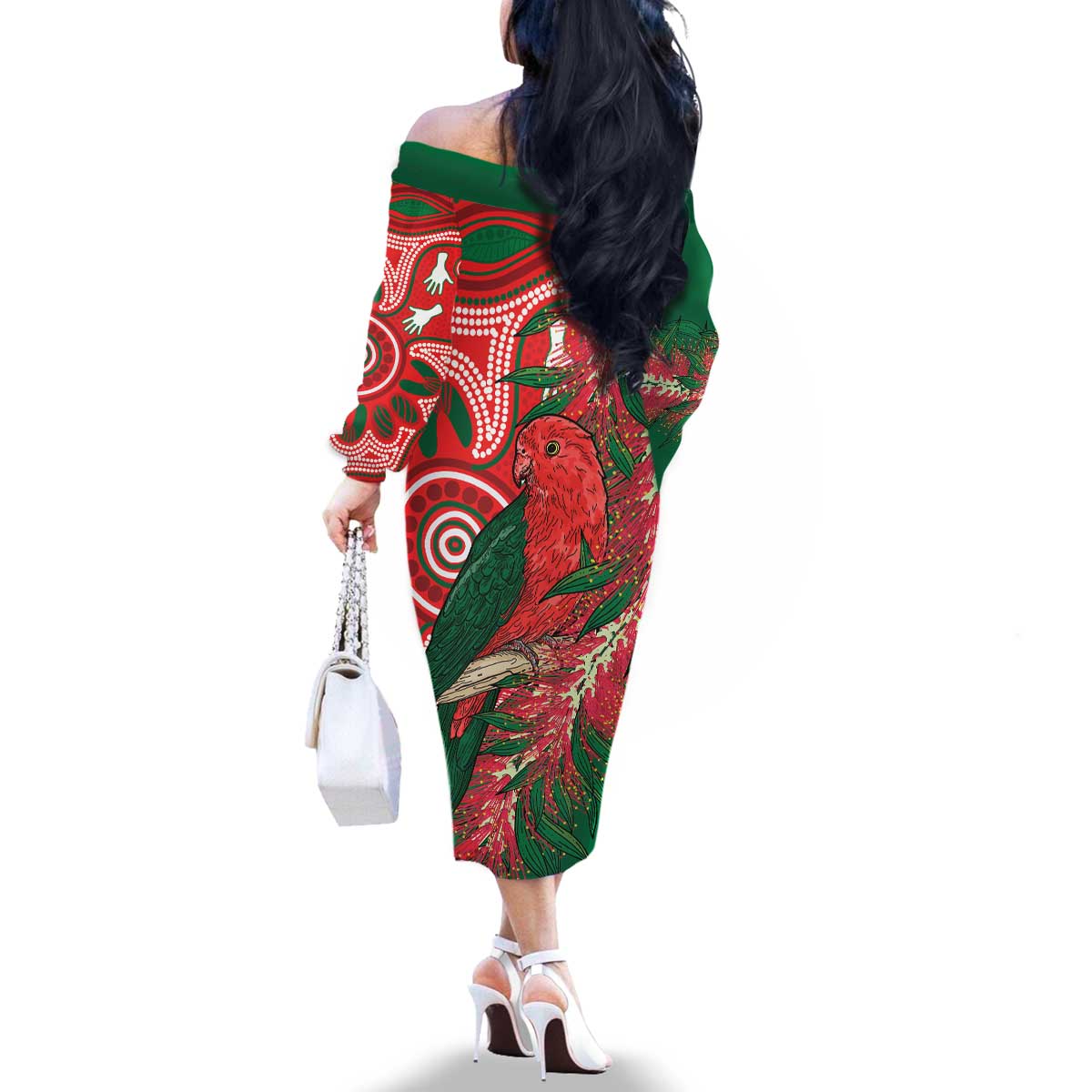 King Parrot Australia Family Matching Off The Shoulder Long Sleeve Dress and Hawaiian Shirt Bottlebrushes Aboriginal Art - Aussie Hoodie