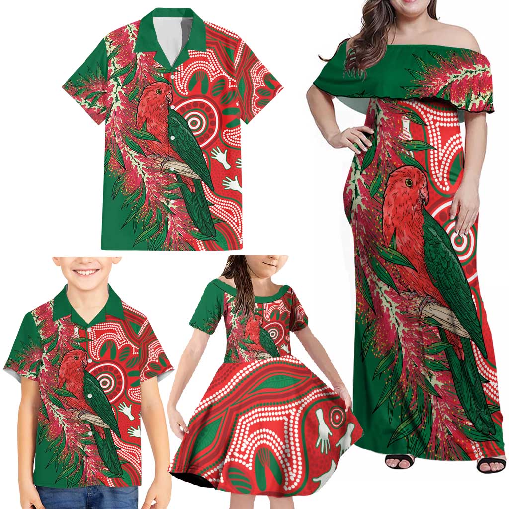 King Parrot Australia Family Matching Off Shoulder Maxi Dress and Hawaiian Shirt Bottlebrushes Aboriginal Art - Aussie Hoodie