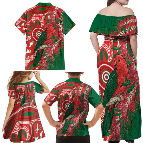 King Parrot Australia Family Matching Off Shoulder Maxi Dress and Hawaiian Shirt Bottlebrushes Aboriginal Art - Aussie Hoodie