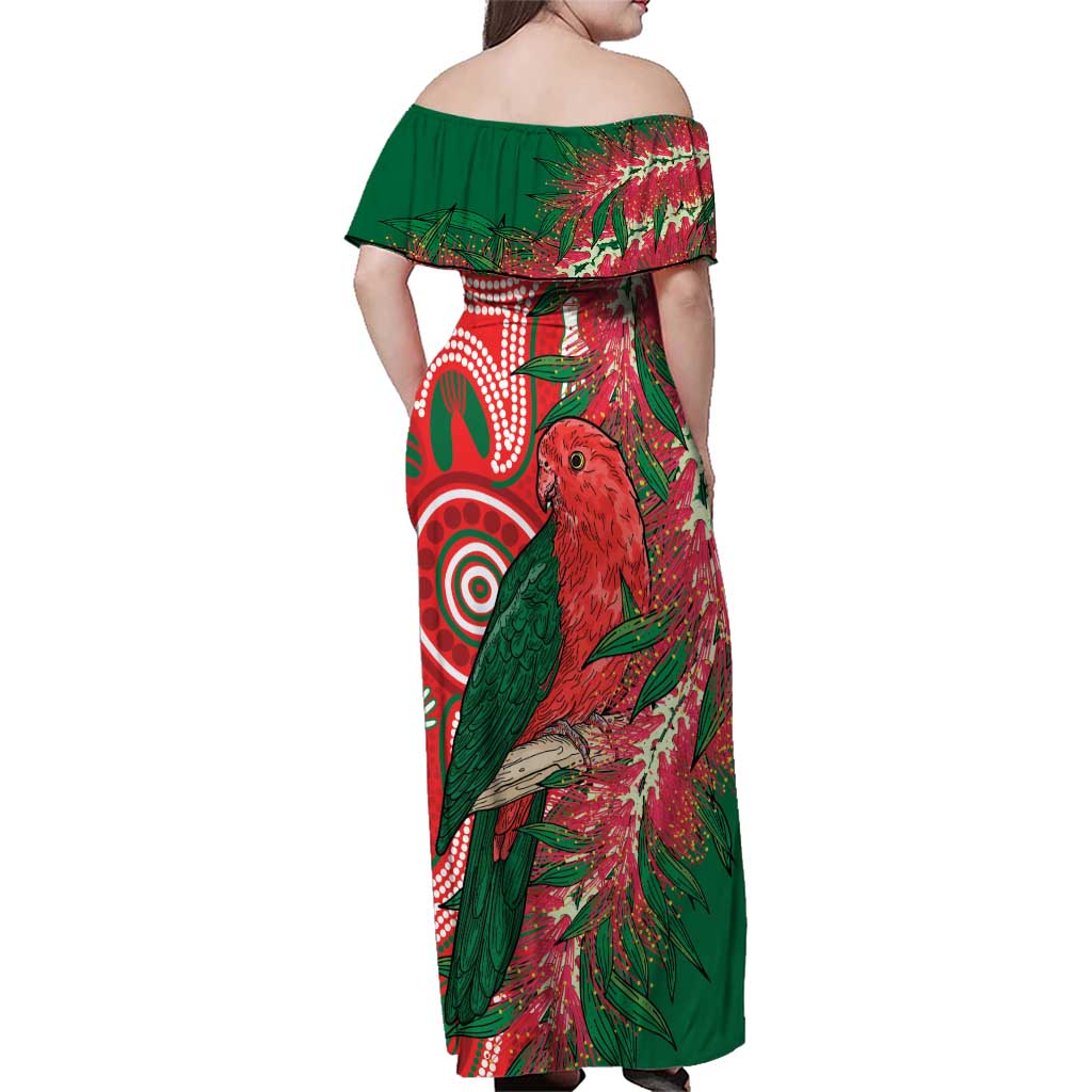 King Parrot Australia Family Matching Off Shoulder Maxi Dress and Hawaiian Shirt Bottlebrushes Aboriginal Art - Aussie Hoodie