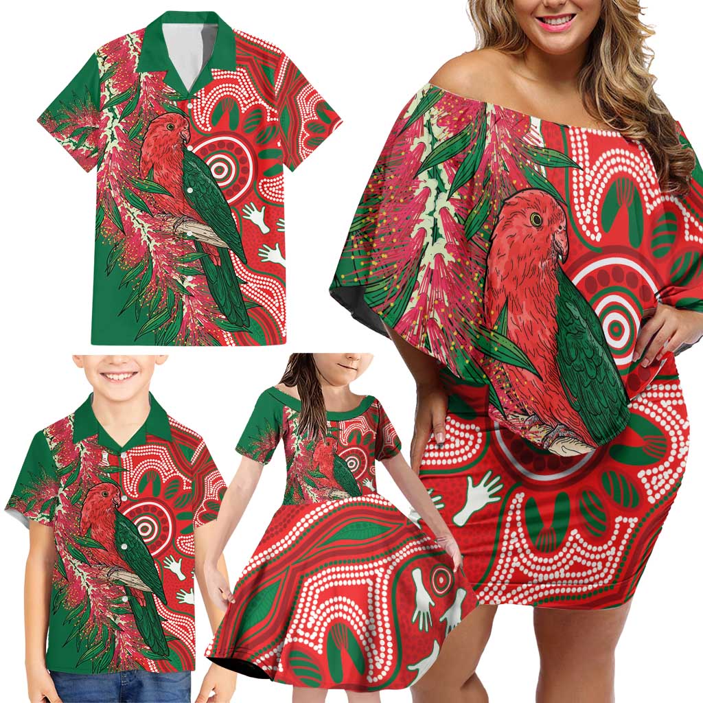 King Parrot Australia Family Matching Off Shoulder Short Dress and Hawaiian Shirt Bottlebrushes Aboriginal Art - Aussie Hoodie