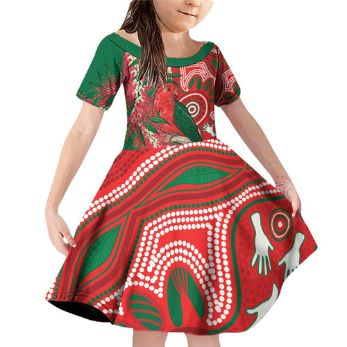 King Parrot Australia Family Matching Off Shoulder Short Dress and Hawaiian Shirt Bottlebrushes Aboriginal Art - Aussie Hoodie