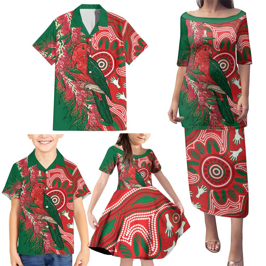 King Parrot Australia Family Matching Puletasi and Hawaiian Shirt Bottlebrushes Aboriginal Art - Aussie Hoodie