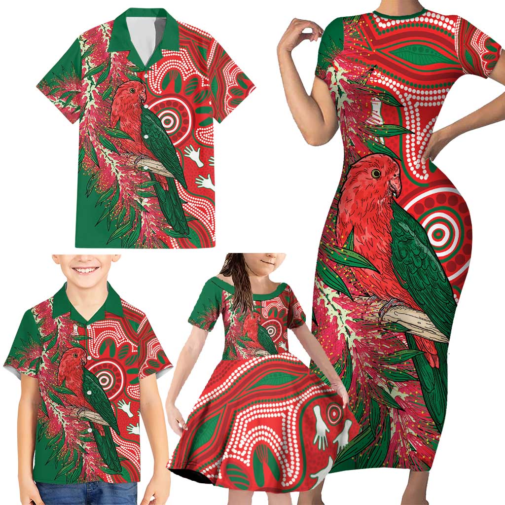 King Parrot Australia Family Matching Short Sleeve Bodycon Dress and Hawaiian Shirt Bottlebrushes Aboriginal Art - Aussie Hoodie