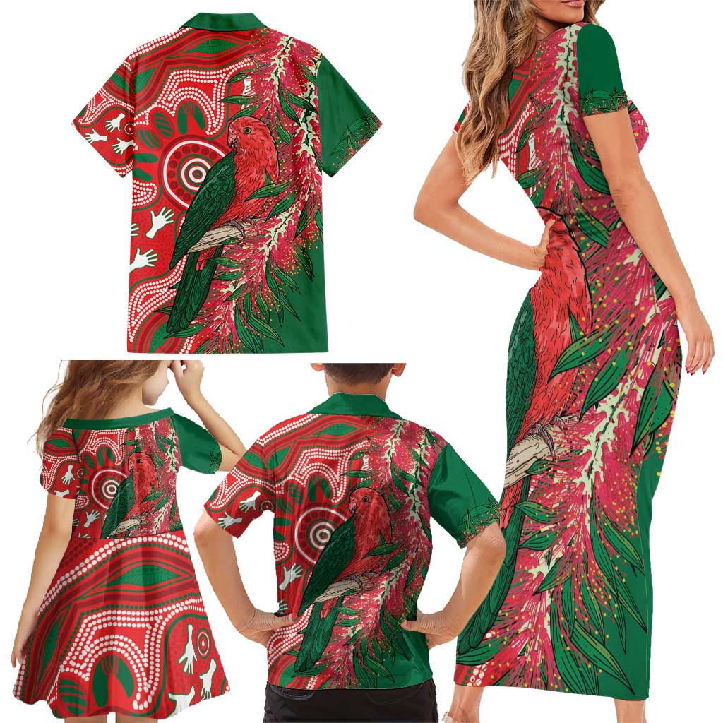 King Parrot Australia Family Matching Short Sleeve Bodycon Dress and Hawaiian Shirt Bottlebrushes Aboriginal Art - Aussie Hoodie