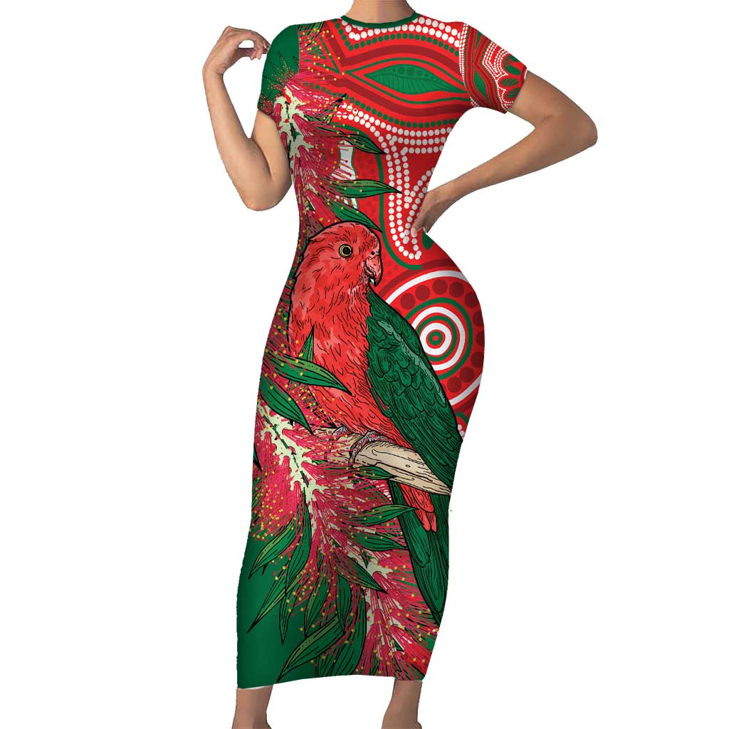 King Parrot Australia Family Matching Short Sleeve Bodycon Dress and Hawaiian Shirt Bottlebrushes Aboriginal Art - Aussie Hoodie