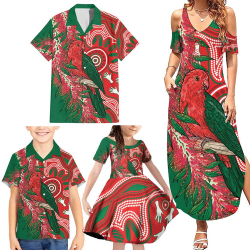King Parrot Australia Family Matching Summer Maxi Dress and Hawaiian Shirt Bottlebrushes Aboriginal Art - Aussie Hoodie