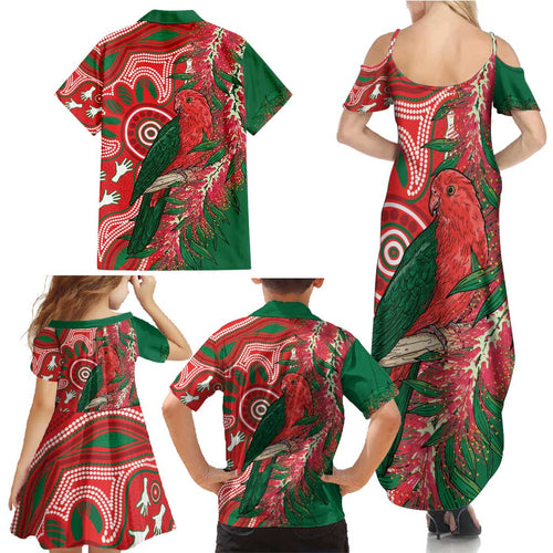 King Parrot Australia Family Matching Summer Maxi Dress and Hawaiian Shirt Bottlebrushes Aboriginal Art - Aussie Hoodie