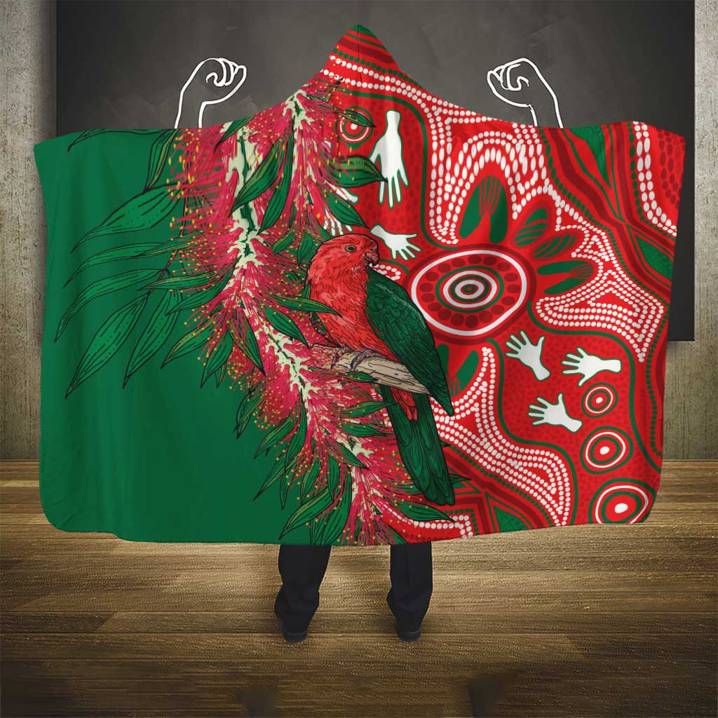 King Parrot Australia Hooded Blanket Bottlebrushes Aboriginal Art - Aussie Hoodie