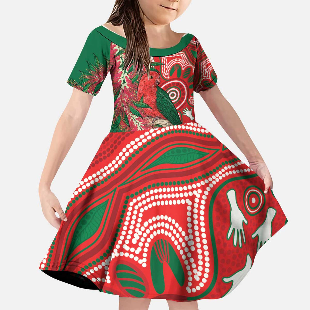 King Parrot Australia Kid Short Sleeve Dress Bottlebrushes Aboriginal Art - Aussie Hoodie