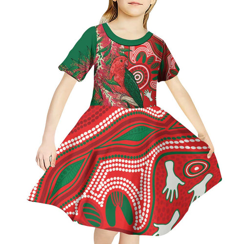 King Parrot Australia Kid Short Sleeve Dress Bottlebrushes Aboriginal Art - Aussie Hoodie