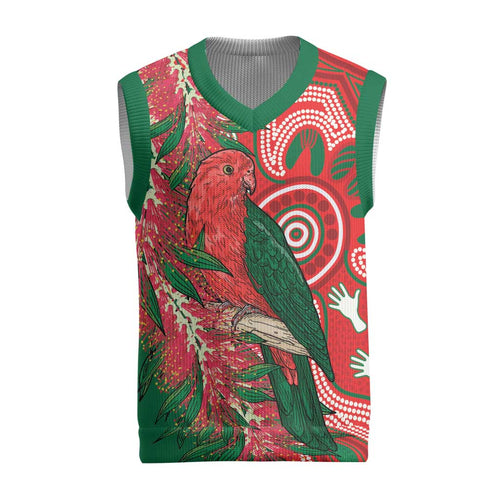 King Parrot Australia Christmas Knitted V-Neck Vest Bottlebrushes Aboriginal Art - Aussie Hoodie