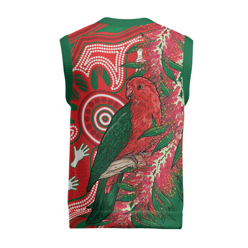 King Parrot Australia Christmas Knitted V-Neck Vest Bottlebrushes Aboriginal Art - Aussie Hoodie