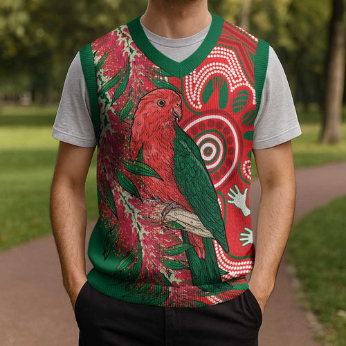 King Parrot Australia Christmas Knitted V-Neck Vest Bottlebrushes Aboriginal Art - Aussie Hoodie