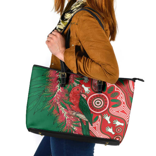 King Parrot Australia Leather Tote Bag Bottlebrushes Aboriginal Art - Aussie Hoodie