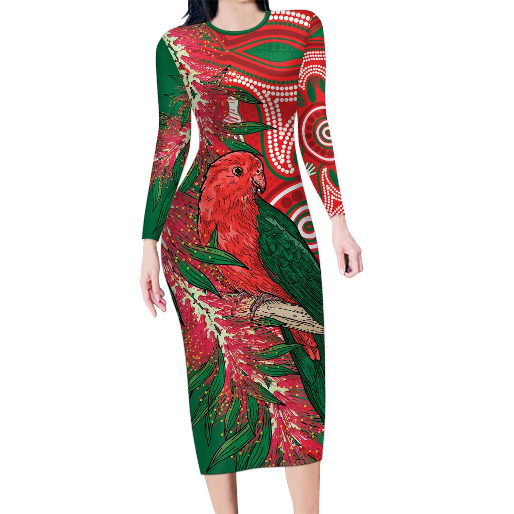 King Parrot Australia Long Sleeve Bodycon Dress Bottlebrushes Aboriginal Art - Aussie Hoodie