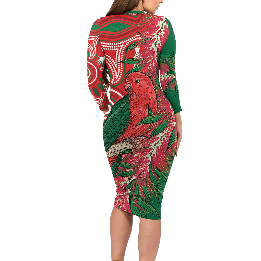 King Parrot Australia Long Sleeve Bodycon Dress Bottlebrushes Aboriginal Art - Aussie Hoodie