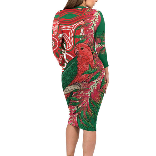King Parrot Australia Long Sleeve Bodycon Dress Bottlebrushes Aboriginal Art - Aussie Hoodie