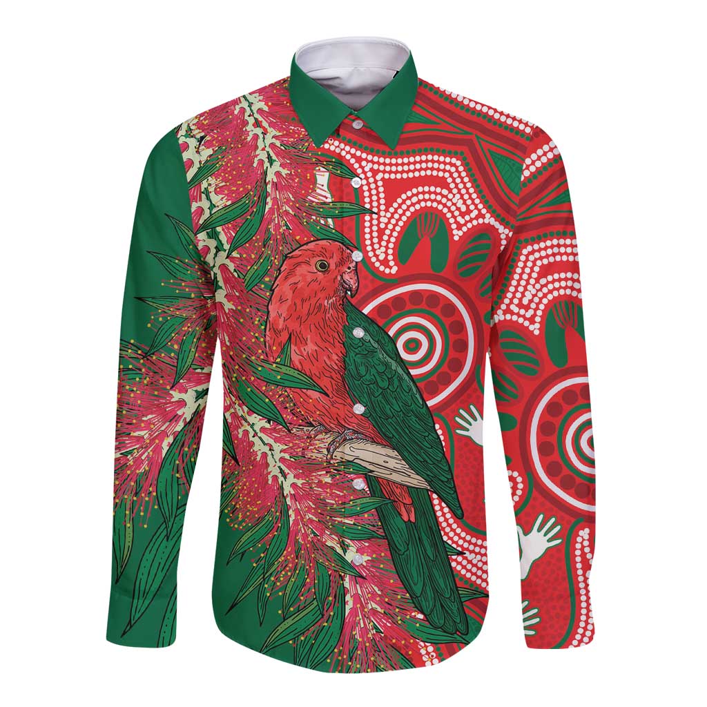 King Parrot Australia Long Sleeve Button Shirt Bottlebrushes Aboriginal Art - Aussie Hoodie