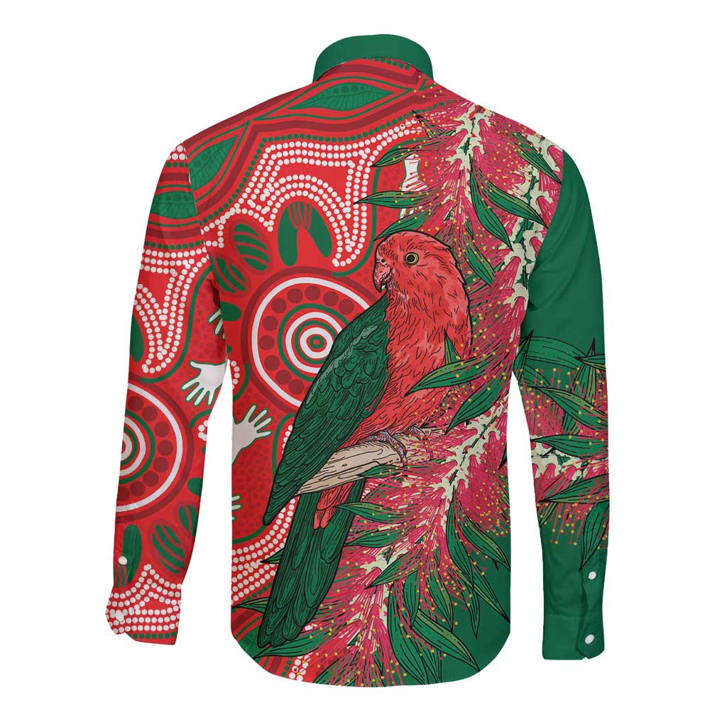 King Parrot Australia Long Sleeve Button Shirt Bottlebrushes Aboriginal Art - Aussie Hoodie