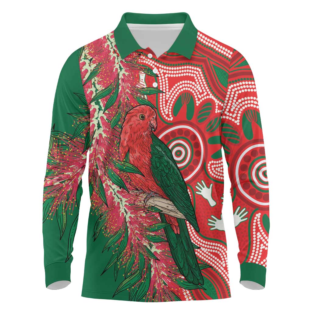 King Parrot Australia Long Sleeve Polo Shirt Bottlebrushes Aboriginal Art - Aussie Hoodie