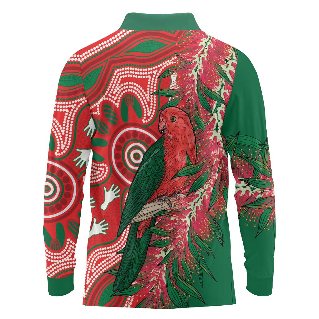 King Parrot Australia Long Sleeve Polo Shirt Bottlebrushes Aboriginal Art - Aussie Hoodie