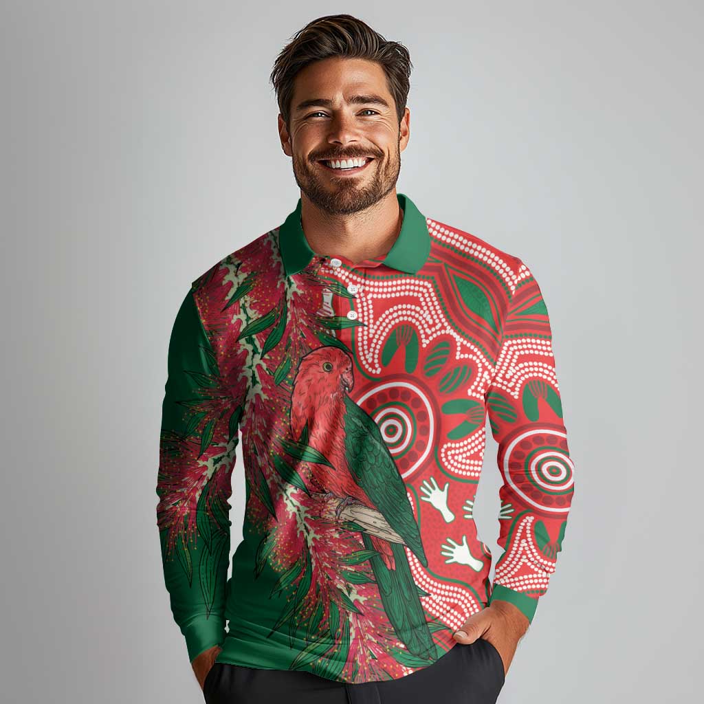 King Parrot Australia Long Sleeve Polo Shirt Bottlebrushes Aboriginal Art - Aussie Hoodie