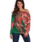 King Parrot Australia Off Shoulder Sweater Bottlebrushes Aboriginal Art - Aussie Hoodie