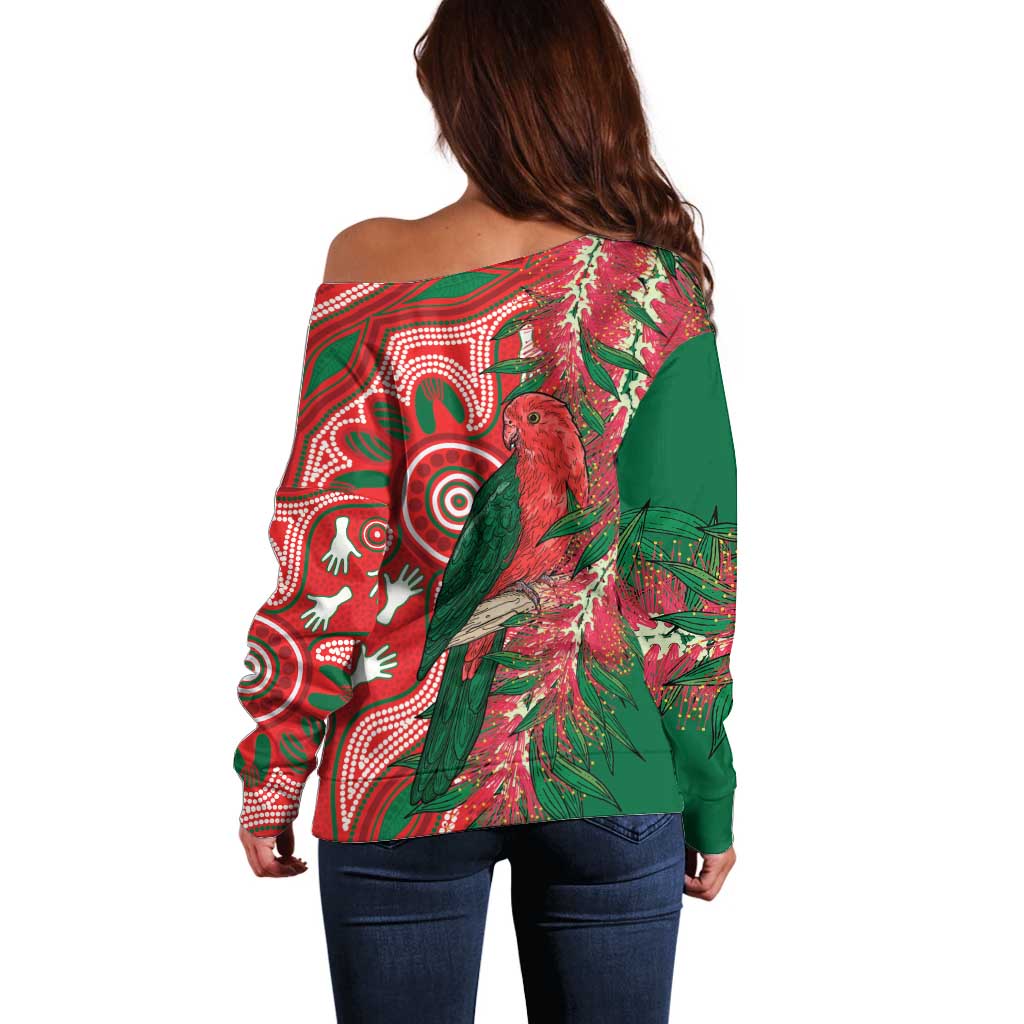 King Parrot Australia Off Shoulder Sweater Bottlebrushes Aboriginal Art - Aussie Hoodie