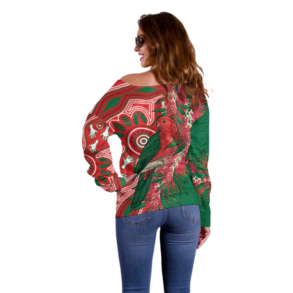 King Parrot Australia Off Shoulder Sweater Bottlebrushes Aboriginal Art - Aussie Hoodie