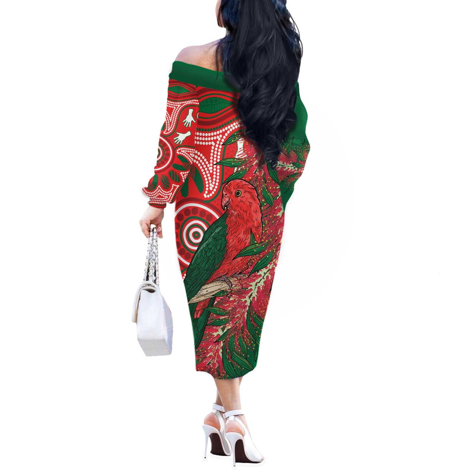King Parrot Australia Off The Shoulder Long Sleeve Dress Bottlebrushes Aboriginal Art - Aussie Hoodie