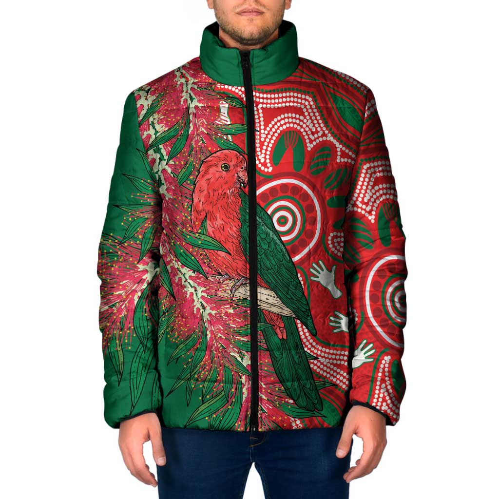 King Parrot Australia Padded Jacket Bottlebrushes Aboriginal Art - Aussie Hoodie