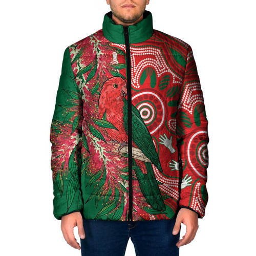King Parrot Australia Padded Jacket Bottlebrushes Aboriginal Art - Aussie Hoodie