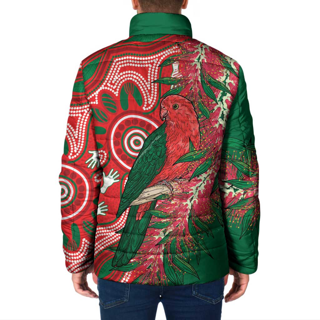 King Parrot Australia Padded Jacket Bottlebrushes Aboriginal Art - Aussie Hoodie