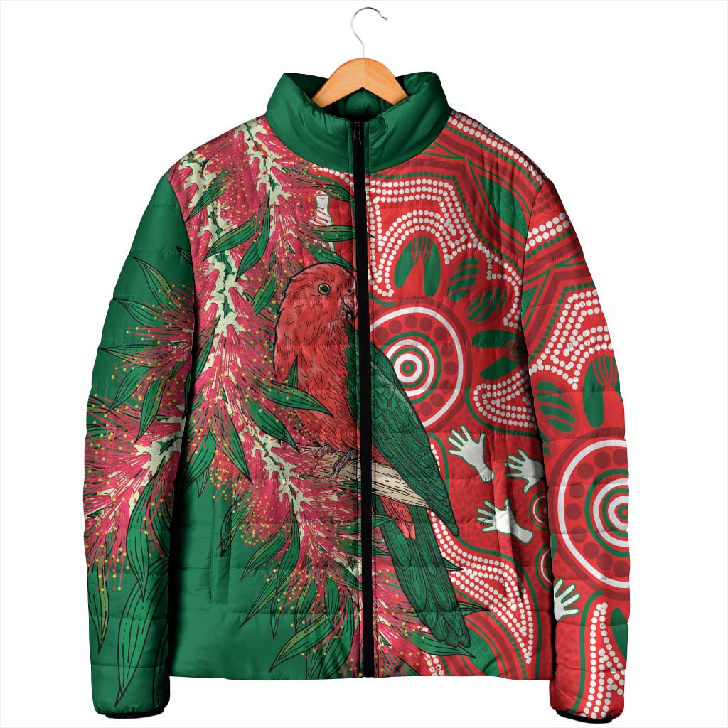 King Parrot Australia Padded Jacket Bottlebrushes Aboriginal Art - Aussie Hoodie