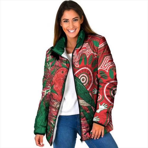 King Parrot Australia Padded Jacket Bottlebrushes Aboriginal Art - Aussie Hoodie