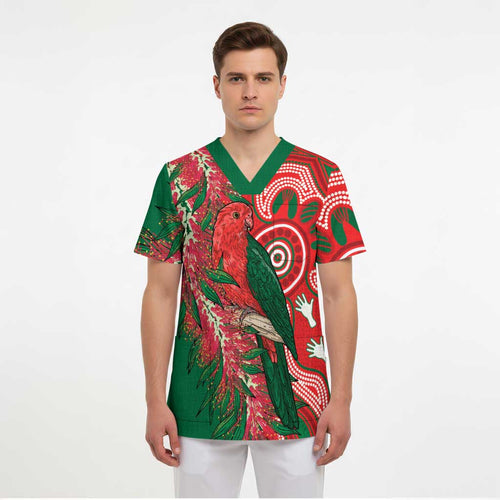 King Parrot Australia Scrub Top Bottlebrushes Aboriginal Art - Aussie Hoodie