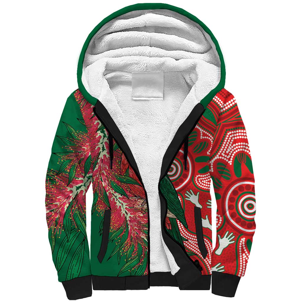 King Parrot Australia Sherpa Hoodie Bottlebrushes Aboriginal Art - Aussie Hoodie
