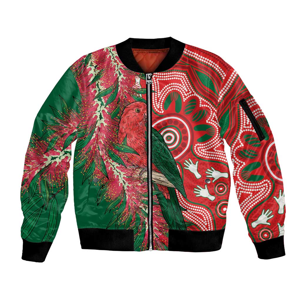 King Parrot Australia Sleeve Zip Bomber Jacket Bottlebrushes Aboriginal Art - Aussie Hoodie