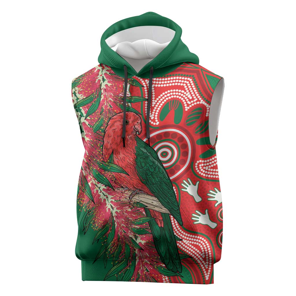 King Parrot Australia Sleeveless Hoodie Bottlebrushes Aboriginal Art - Aussie Hoodie