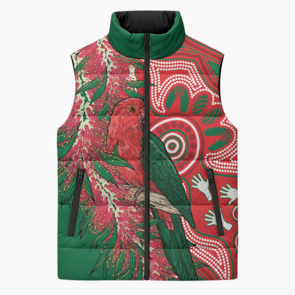 King Parrot Australia Sleeveless Puffer Jacket Bottlebrushes Aboriginal Art - Aussie Hoodie