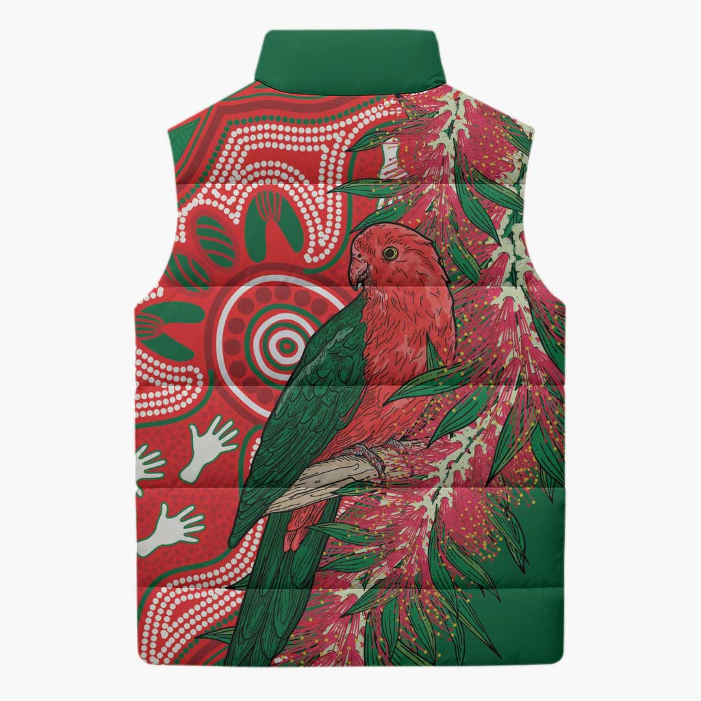 King Parrot Australia Sleeveless Puffer Jacket Bottlebrushes Aboriginal Art - Aussie Hoodie