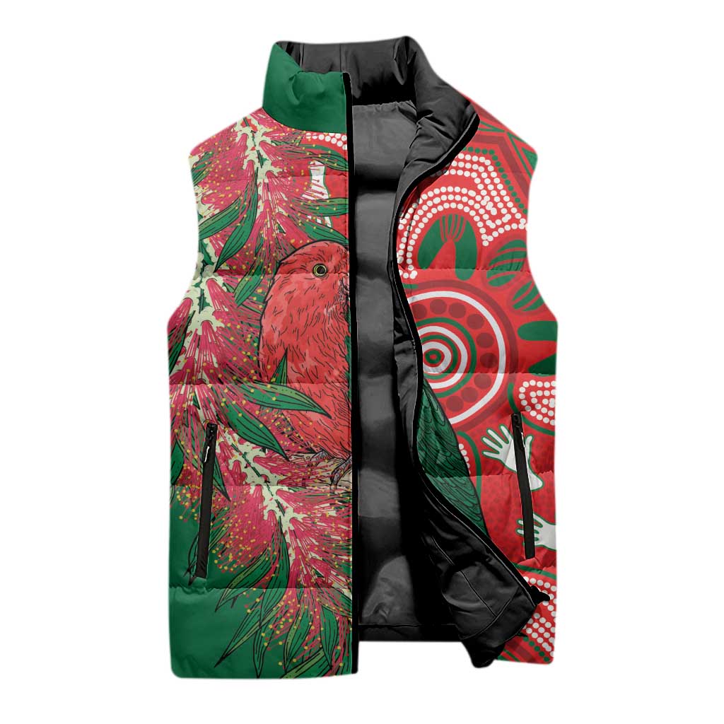 King Parrot Australia Sleeveless Puffer Jacket Bottlebrushes Aboriginal Art - Aussie Hoodie