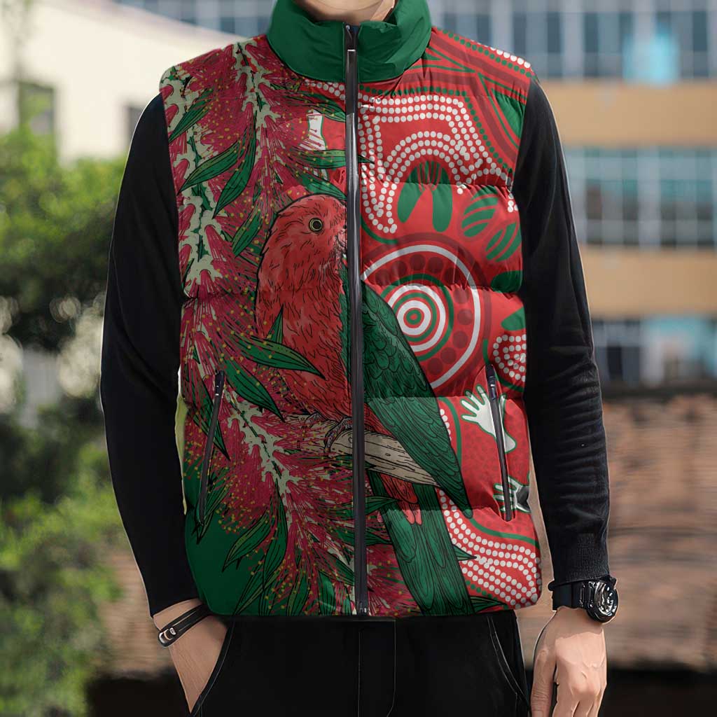 King Parrot Australia Sleeveless Puffer Jacket Bottlebrushes Aboriginal Art - Aussie Hoodie